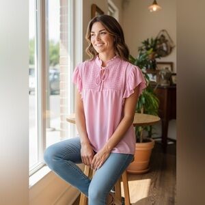 CeCe Pink Smocked Flutter Sleeve Tie Neck Blouse Size XL